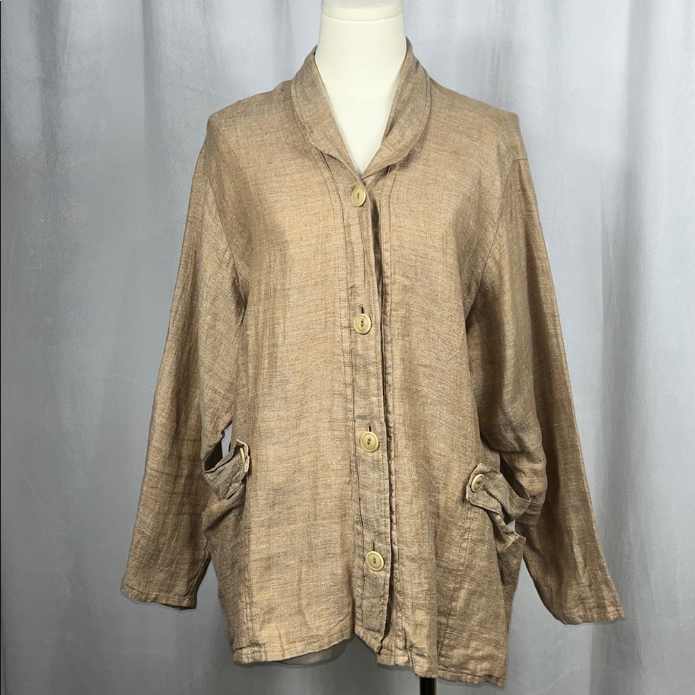 FLAX by Jeanne Engelheart Brown Tan Granola 100% Linen Blouse.